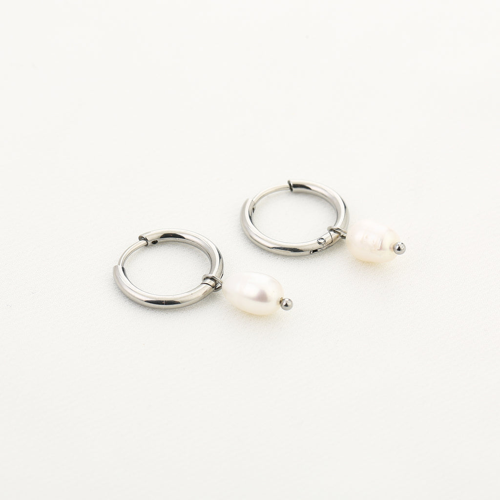 Silver Pearl Hoops