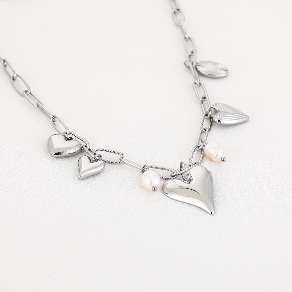 Heart & Pearl Charm Necklace Silver