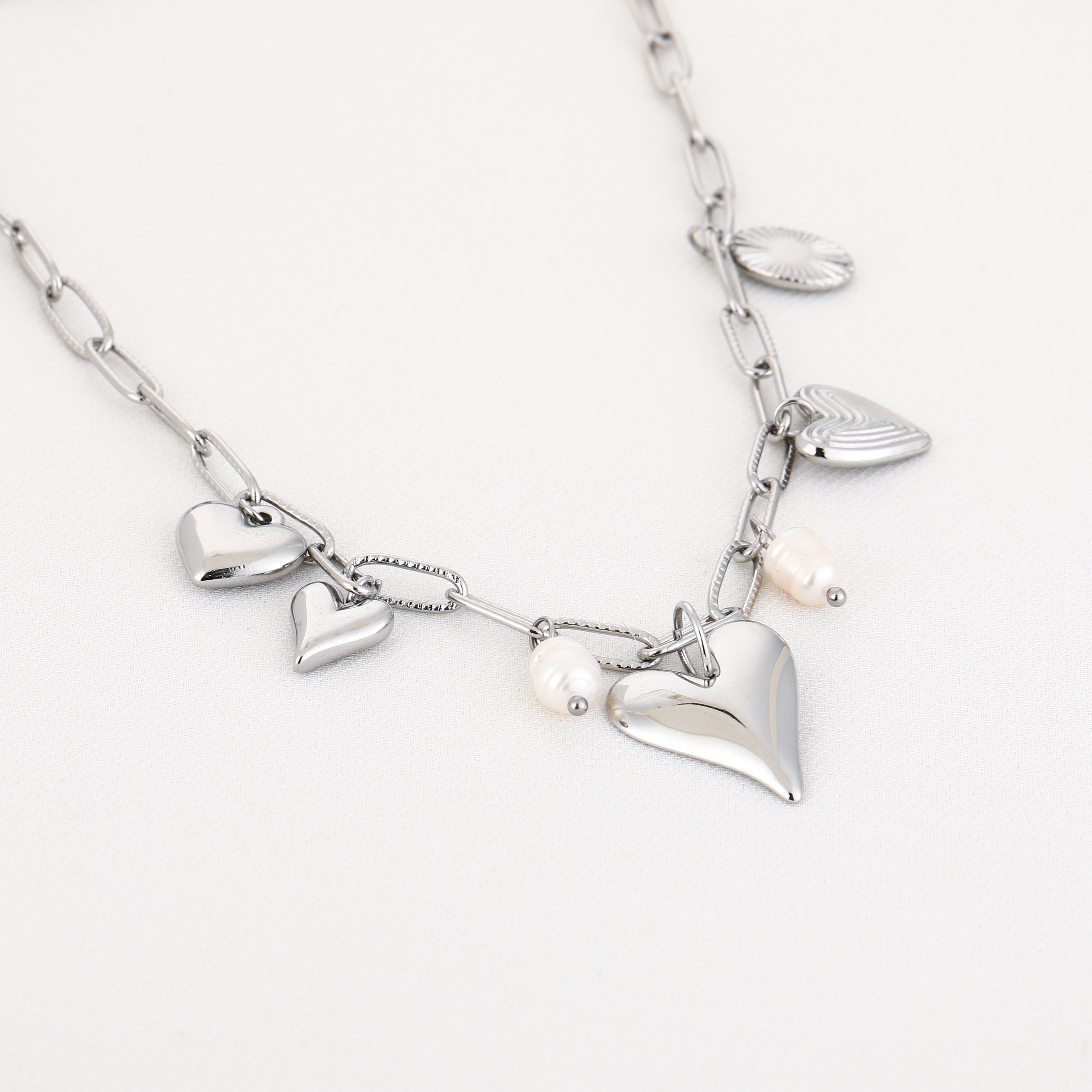 Heart & Pearl Charm Necklace Silver