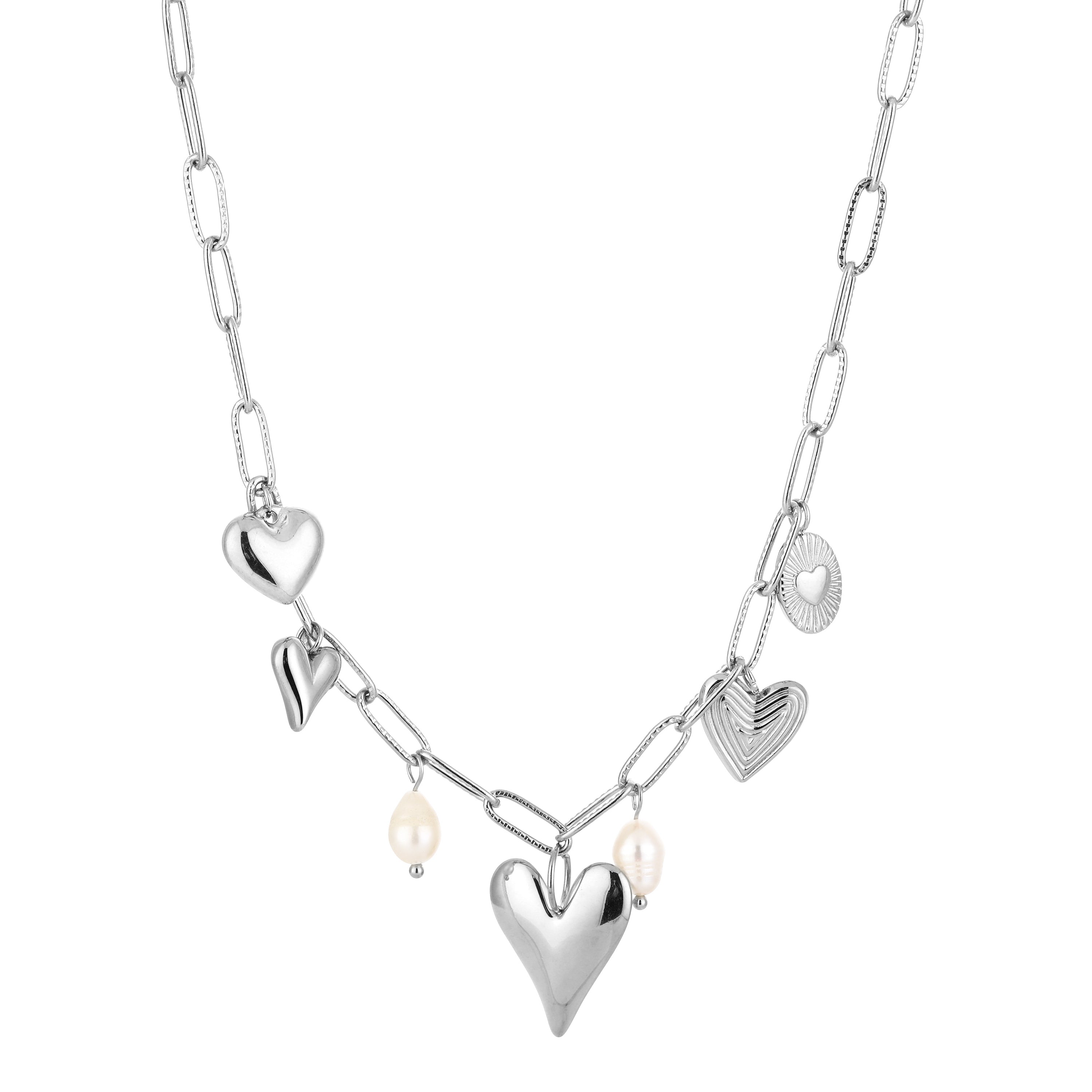 Heart & Pearl Charm Necklace Silver