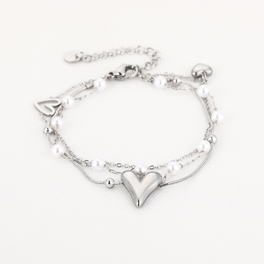 Layered Hearts & Pearls Bracelet Silver