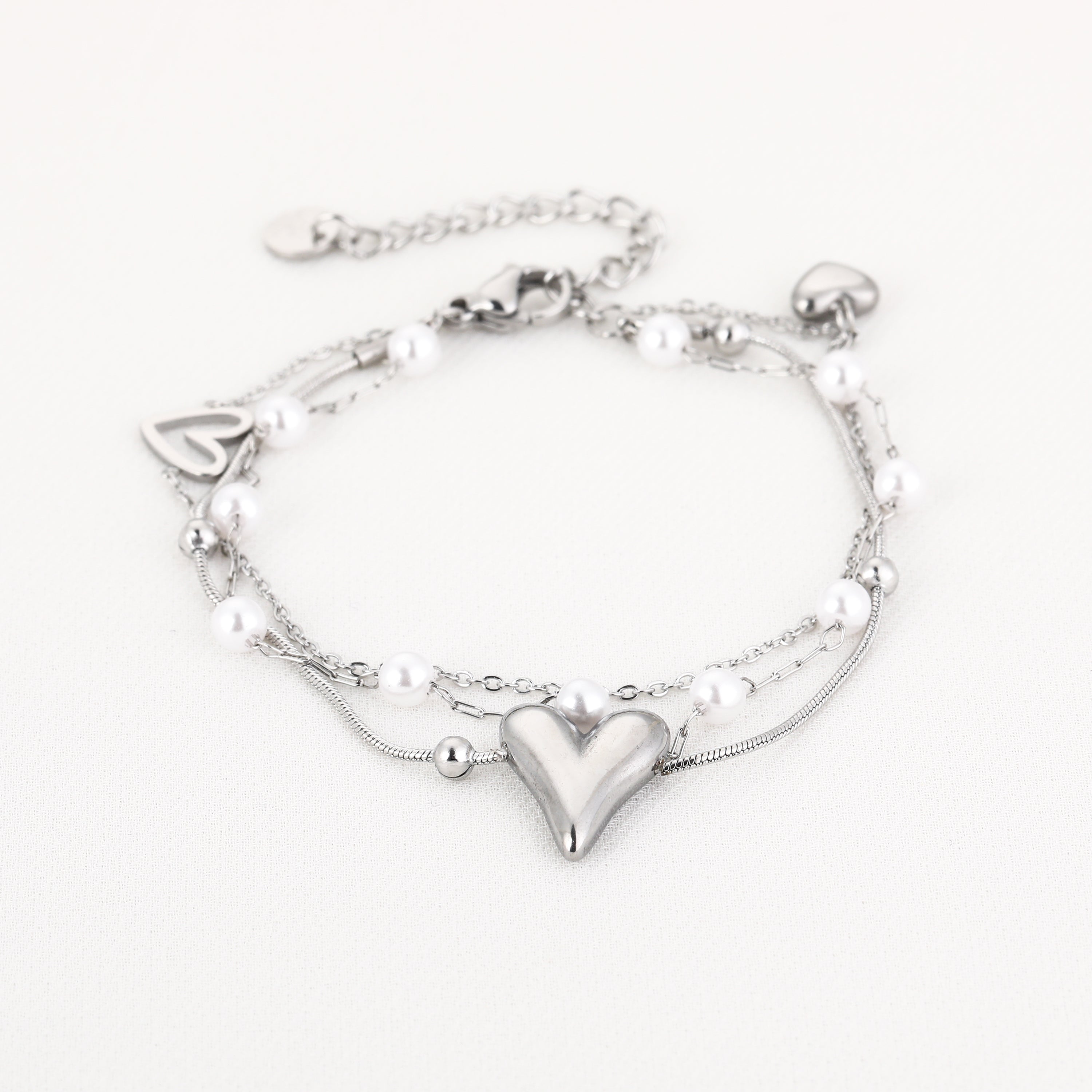Layered Hearts & Pearls Bracelet Silver