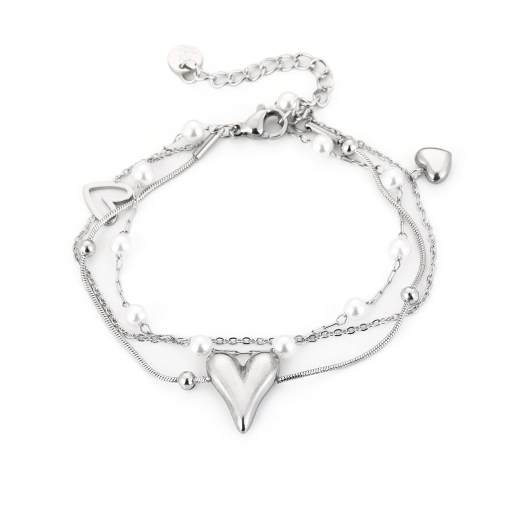 Layered Hearts & Pearls Bracelet Silver