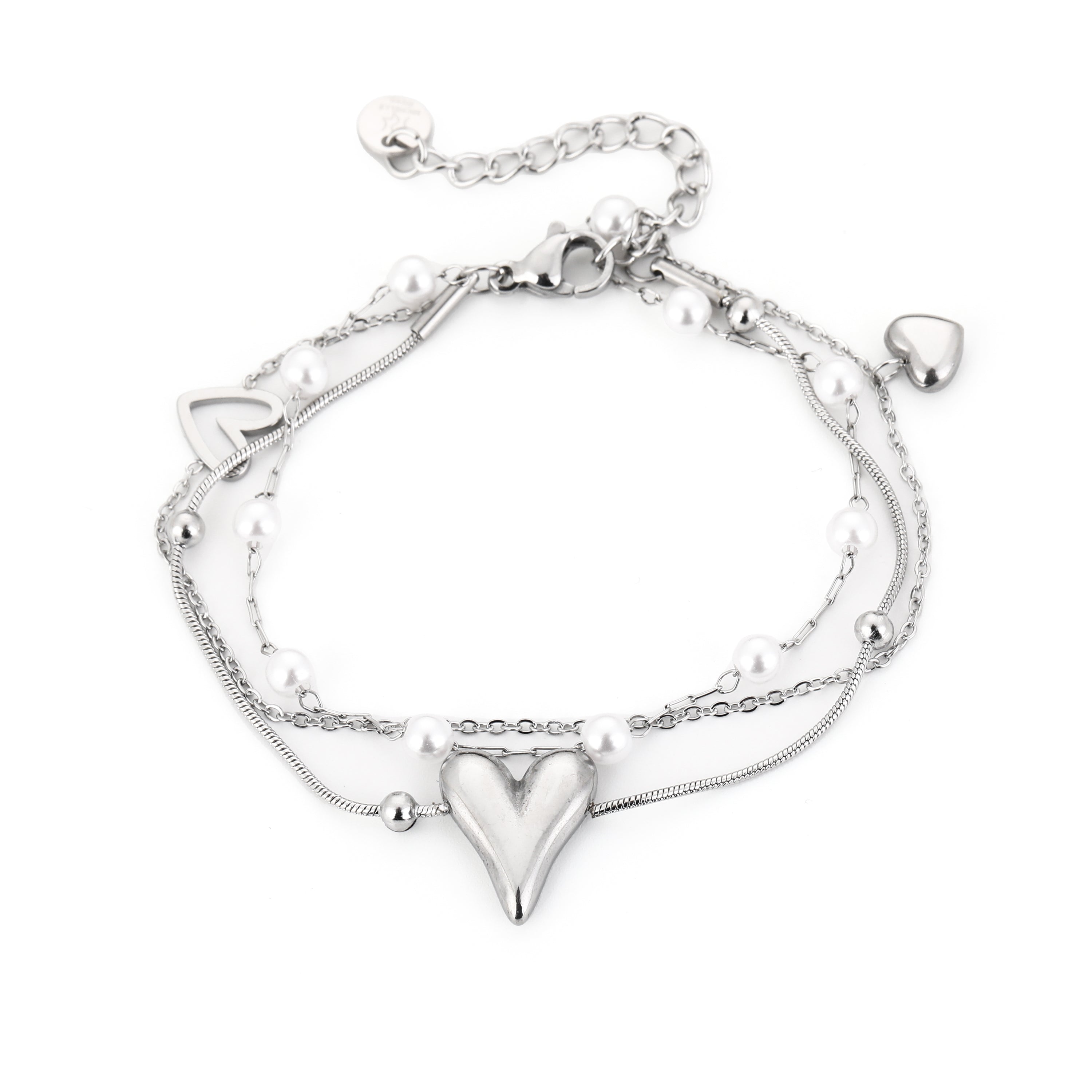 Layered Hearts & Pearls Bracelet Silver