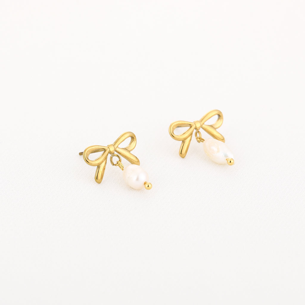 Bow Pearl Earrings Gold