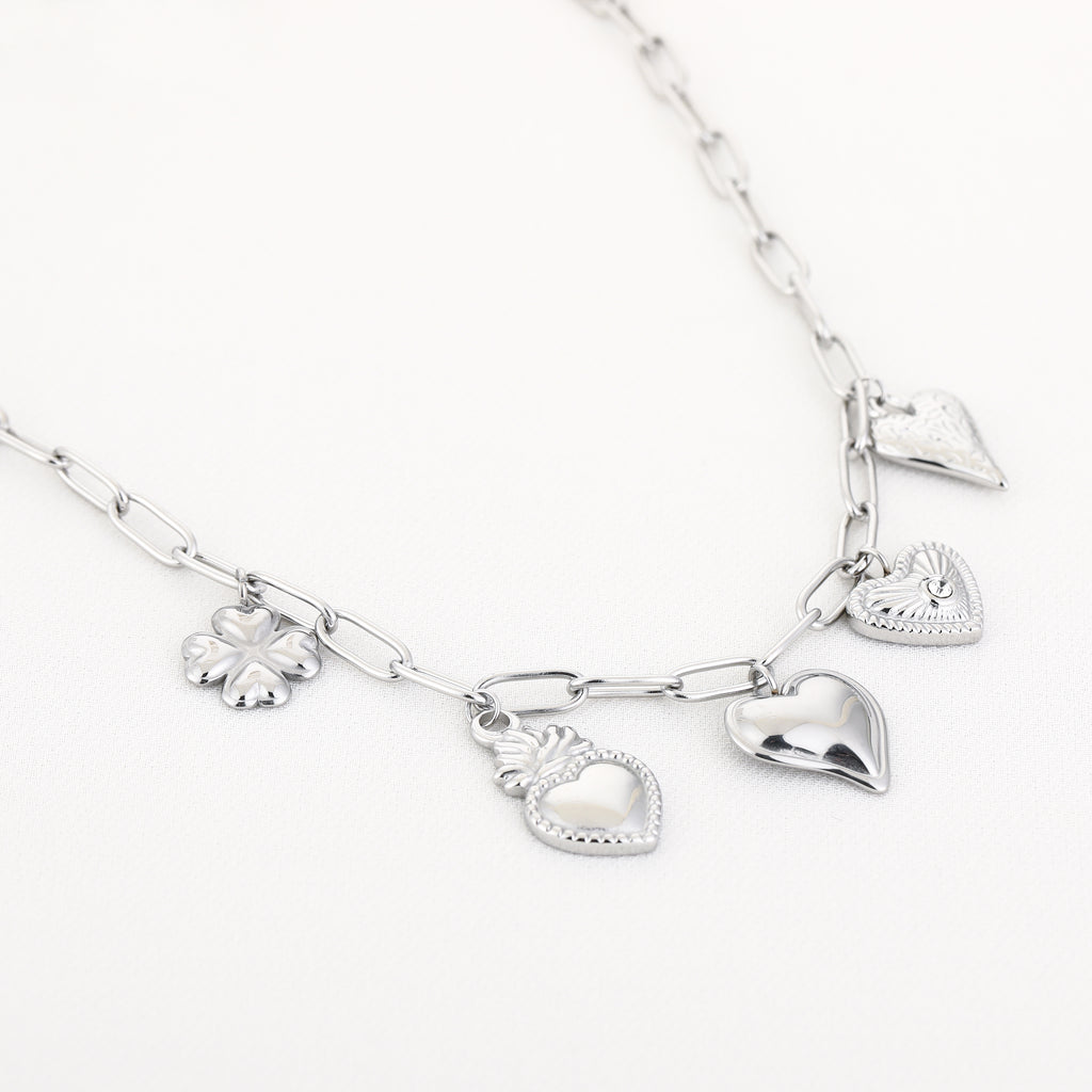 Hearts & Clover Charm Necklace Silver