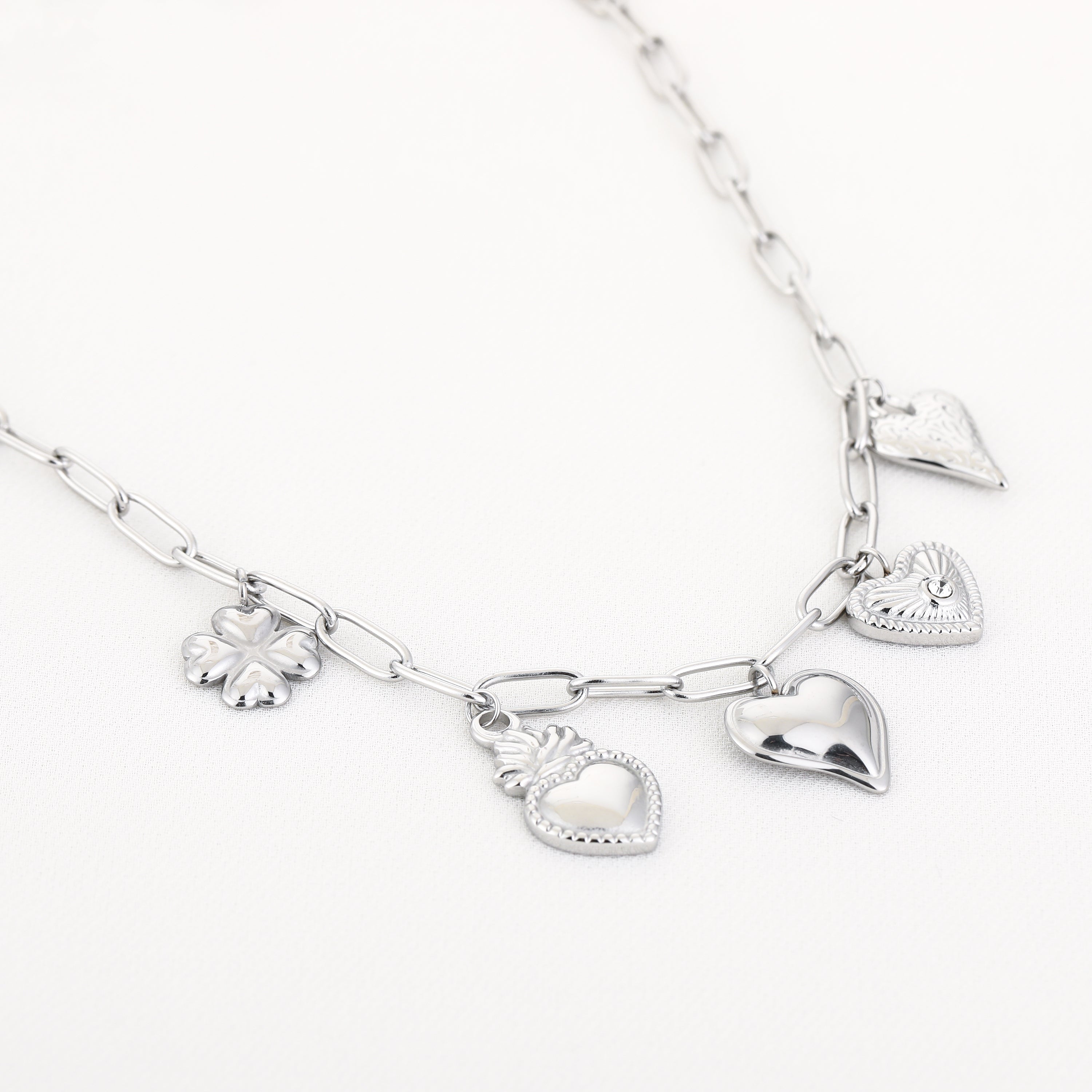 Hearts & Clover Charm Necklace Silver