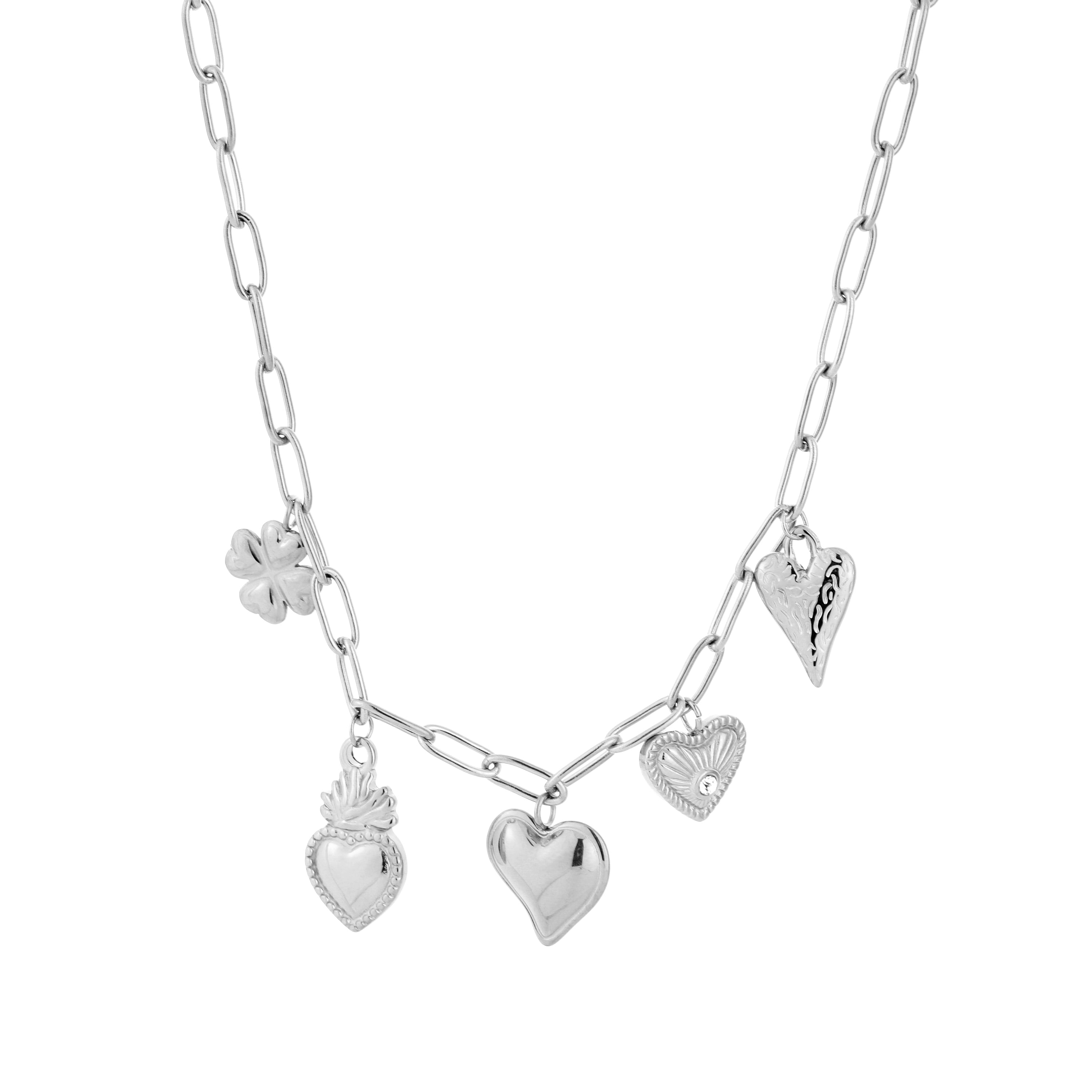 Hearts & Clover Charm Necklace Silver