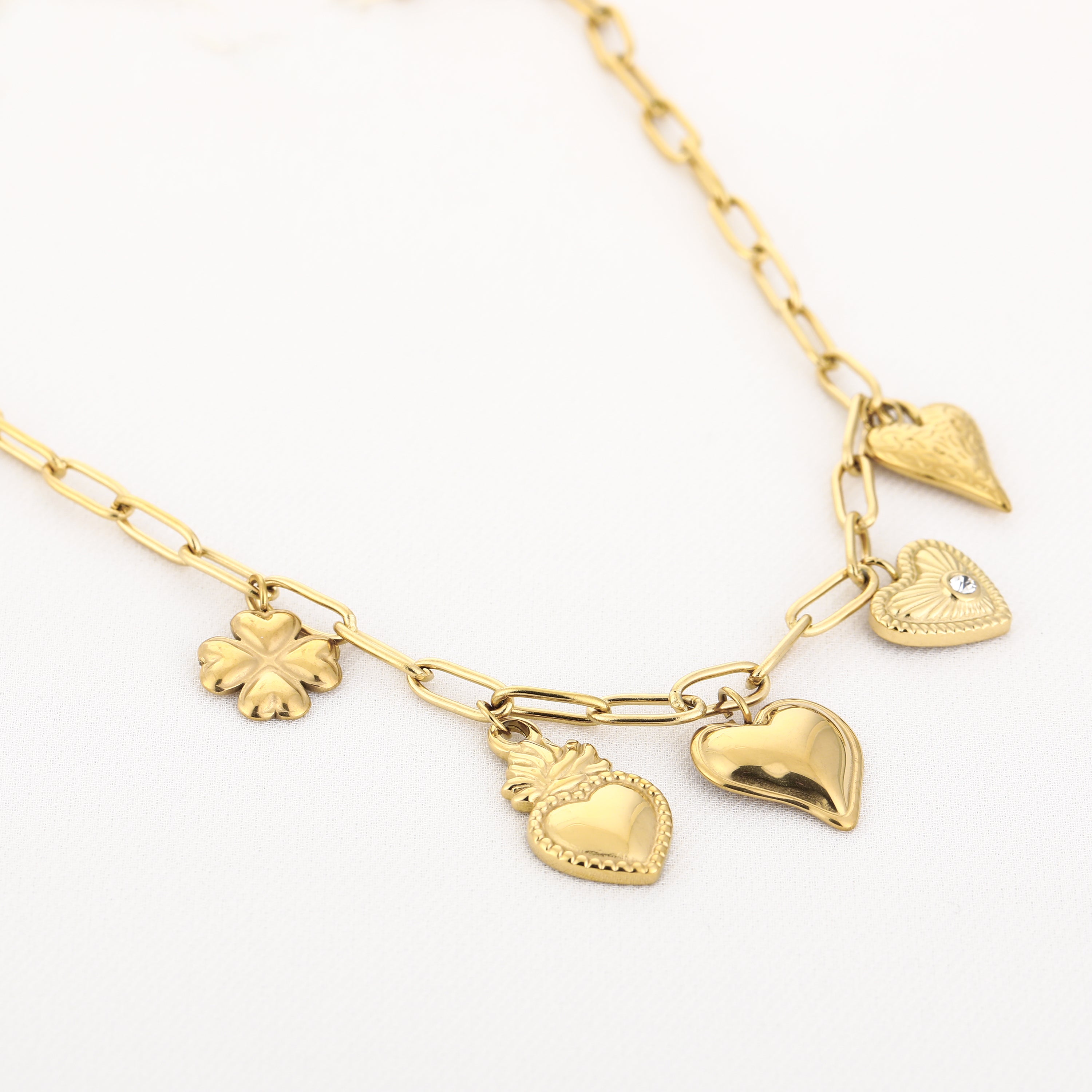 Hearts & Clover Charm Necklace Gold