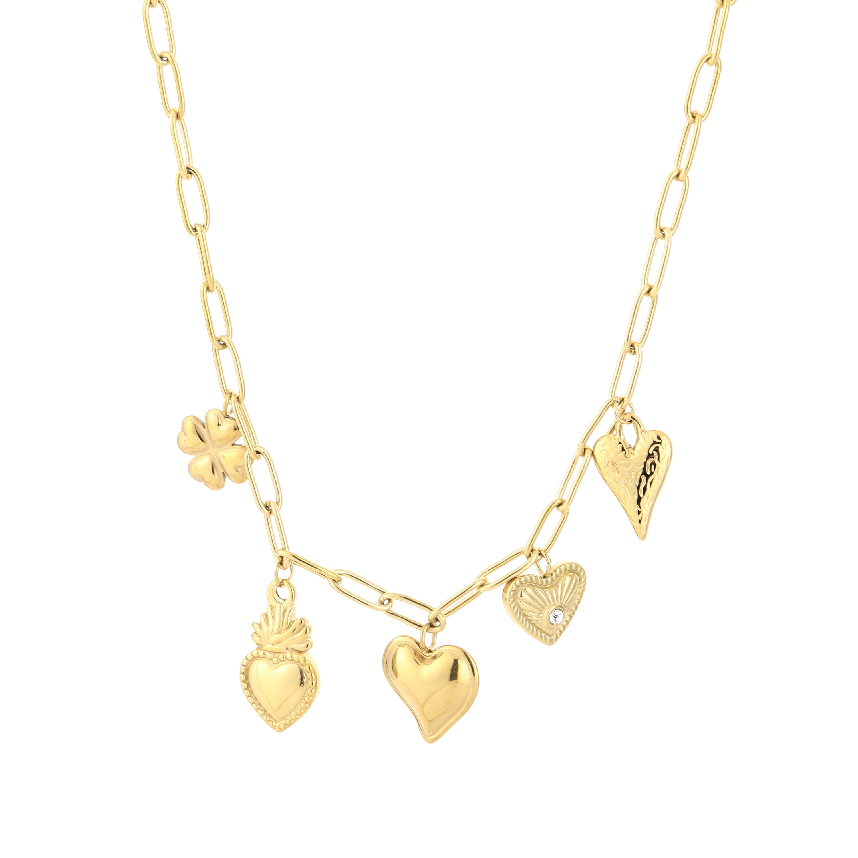 Hearts & Clover Charm Necklace Gold