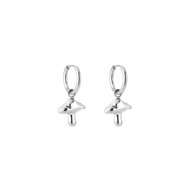 Mushroom Charm Hoops Silver